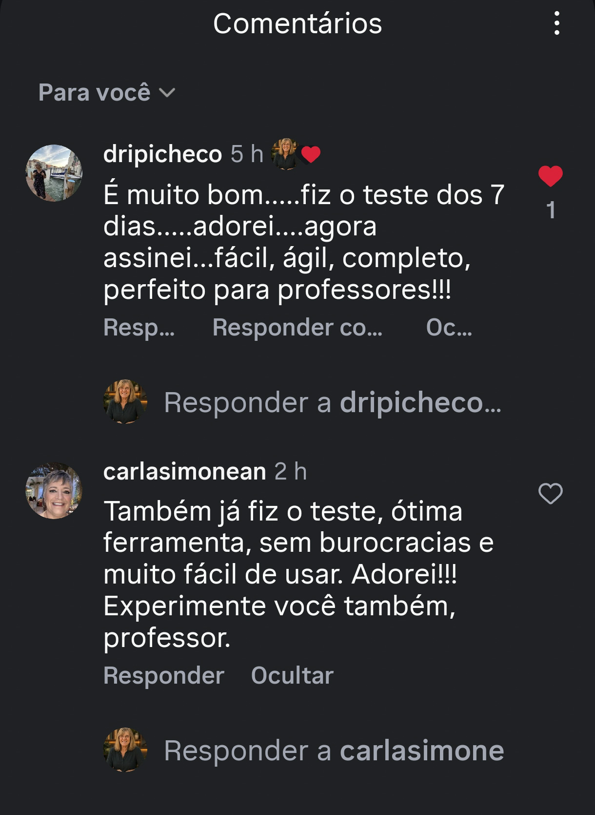 Comentários no Instagram de professoras elogiando o Oráculo Pedagógico após o teste de 7 dias.