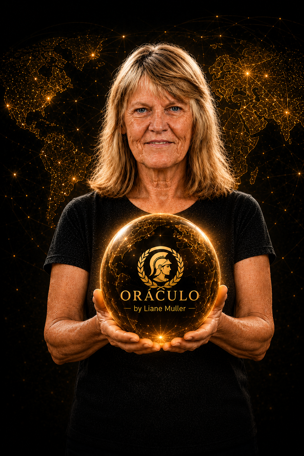 Liane Muller, fundadora do Oráculo Pedagógico, segurando uma esfera dourada luminosa